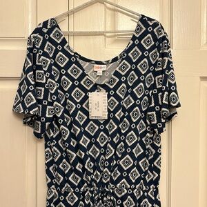 LulaRoe Women’s “Xanthe” Romper, Size XL. Teal & Off White Geometric Design. NWT